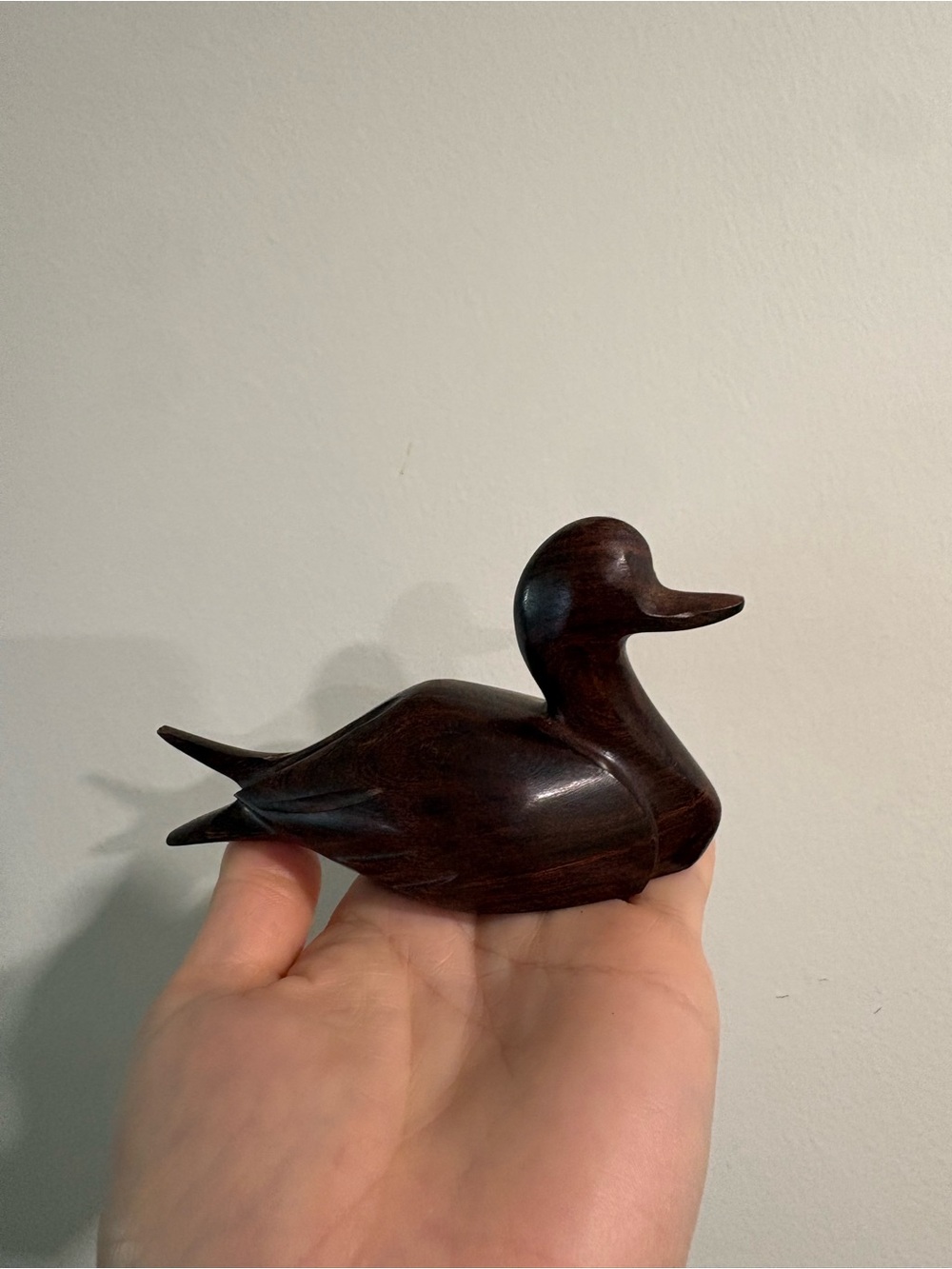 Vintage Hand Carved Wooden Duck Figurine - Dark Wood Decor
